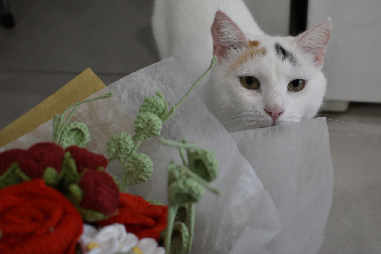 White calico cat peeking out from behind a crochet flower bouquet.