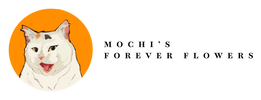 Illustration of a cheerful white calico cat in an orange circle and text 'Mochi's Forever Flowers'